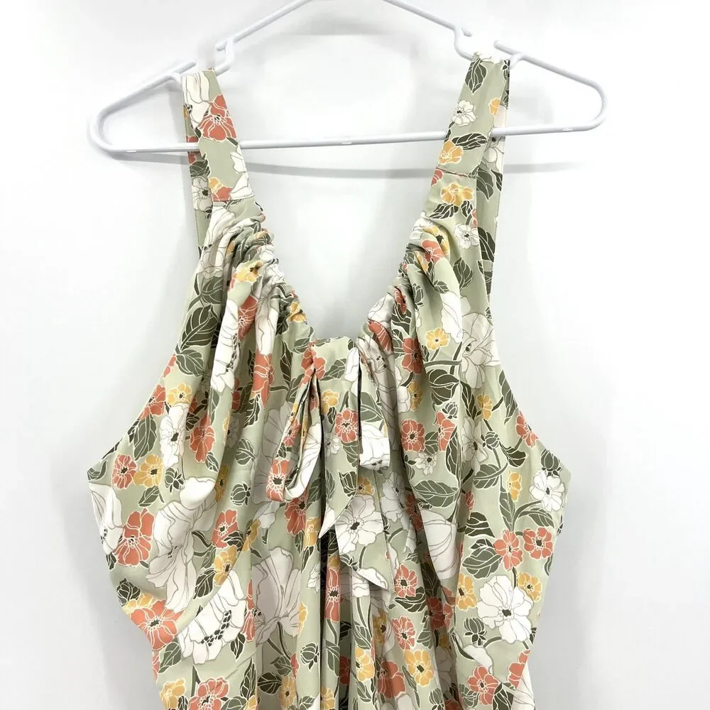 Abercrombie & Fitch Sage Green Floral Midi Dress Front Tie V-Neck Sleeveless XXL